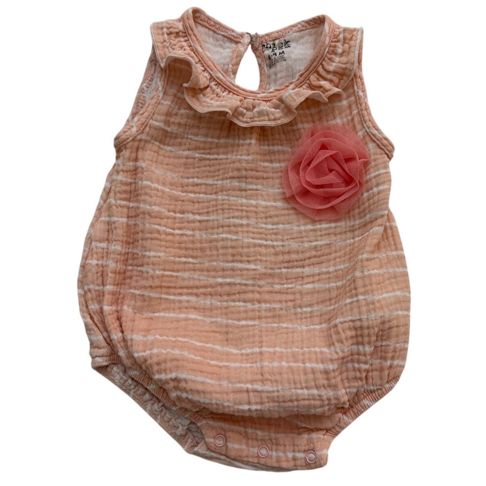 Chick Pea Baby Girl Romper 6–9 Months Peach Striped Cotton Ruffle Flower